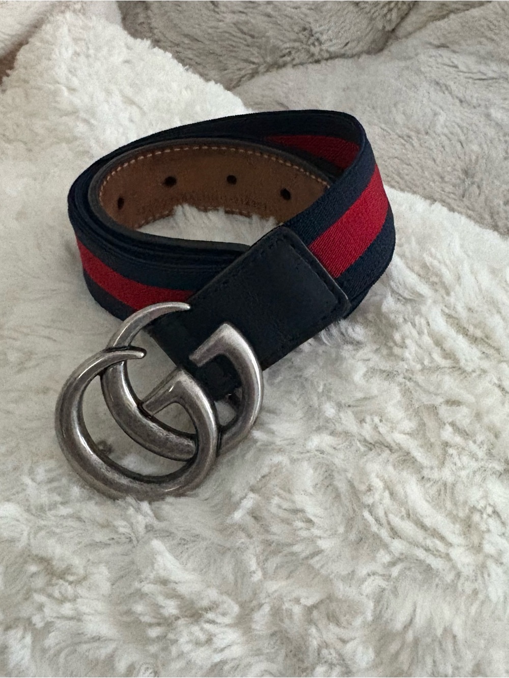 Gucci Maenn Monogram Navy and Red Webbing Belt with Double G Buckle Silver